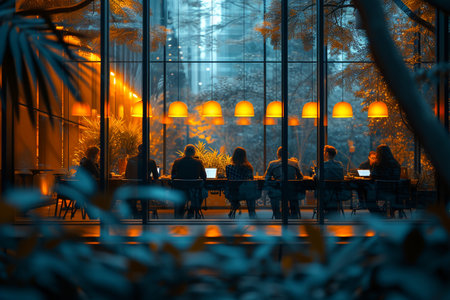 a modern office environment through a glass windowの素材