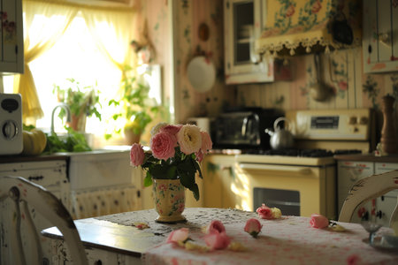 a charming cottage kitchen with vintage appliances and floral accentsの素材