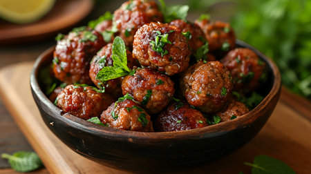 A bowl of meatballs garnished with mint leavesの素材
