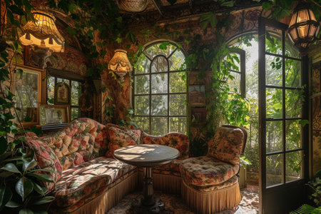 a cozy reading nook, with intricate patternsの素材