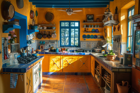 a coastal-inspired kitchen,featuring vibrant Mediterranean colorsの素材