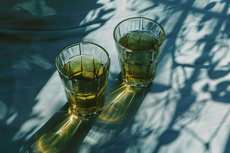 green tea glasses on a blue table topの素材