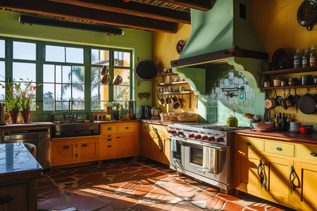 a coastal-inspired kitchen,featuring vibrant Mediterranean colorsの素材