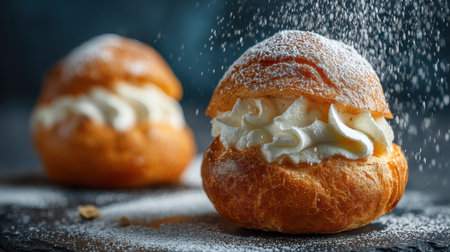 Delicious cream puff pastry dessert with powdered sugar being sprinkled on top for a sweet treat snack foodの素材