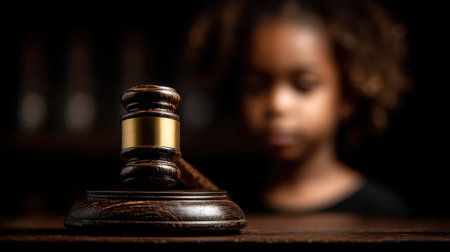 Wooden gavel rests on table with child in background symbolizing legal representation for minors rightsの素材