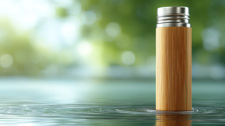 Stylish reusable water bottle made of bamboo and metal standing in water with green nature backgroundの素材