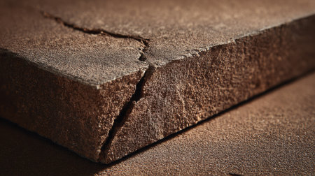Close up shows cracked brown material with rough texture and deep fissure on the surface of the blockの素材