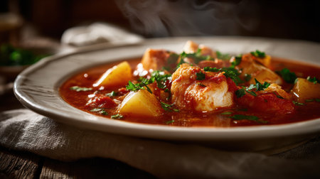 Delicious fish stew with potatoes and tomato sauce served in bowl for healthy eating and comfort foodの素材