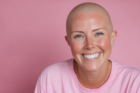 Smiling woman with shaved head poses against a pink backdrop showing confidence and beauty with a radiant smileの素材