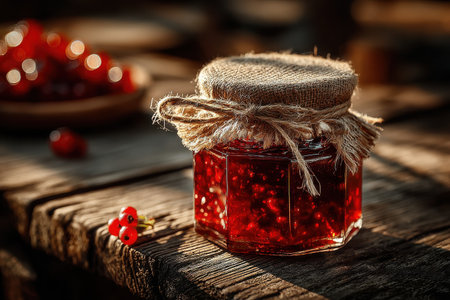 Delicious red currant jam in a glass jar with burlap cover displayed on rustic wooden table surface outdoorsの素材