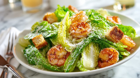 Delicious caesar salad with grilled shrimp and croutons served on a white plateの素材