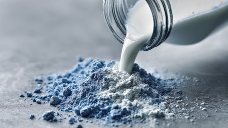 Pouring liquid onto powder creates a captivating visual texture with contrasting colors and smooth flow motionの素材