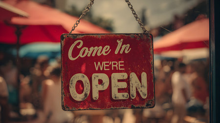 Hanging open sign welcomes customers to the business with red background and white lettersの素材