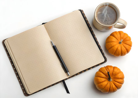 Open notebook with pen, coffee mug, and pumpkins for fall planning and journaling timeの素材