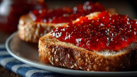 Delicious breakfast featuring toast topped with sweet red jam on a plate with a napkinの素材