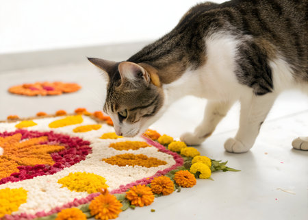 Domestic cat curiously sniffs colorful floral rangoli art on floor during festive celebrationの素材