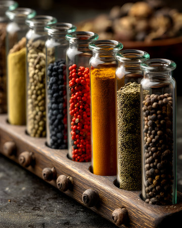 Assorted spices in glass bottles displayed on wooden rack offer culinary flavor optionsの素材