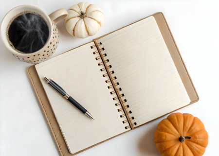 Autumnal scene featuring open notebook, pen, coffee cup, and pumpkins on white surfaceの素材