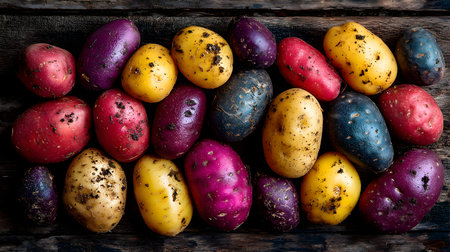 Colorful potatoes display showcasing various hues and textures on rustic wooden surface aboveの素材
