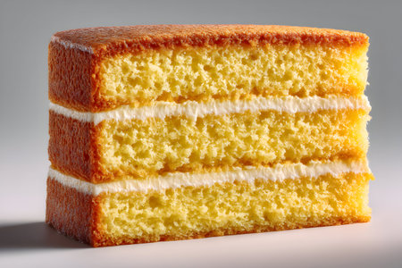 Delicious sponge cake layered with white frosting perfect for dessert or special occasionsの素材