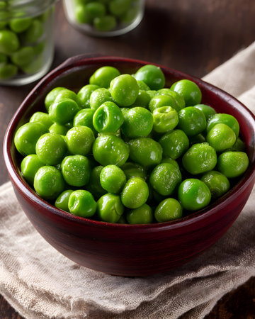 Fresh green peas are displayed in a bowl with jars for a healthy food ingredient shotの素材