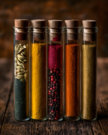 Assorted spices in glass tubes with cork stoppers sit on a rustic wooden surface still lifeの素材