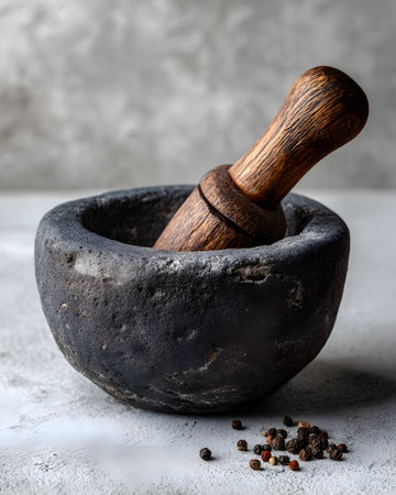 Rustic mortar and pestle with peppercorns for grinding spices and herbs in the kitchenの素材