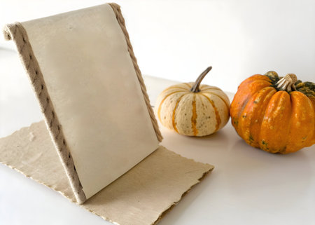 Rustic blank handmade paper with rope binding beside small pumpkins on white table in soft autumn lightの素材