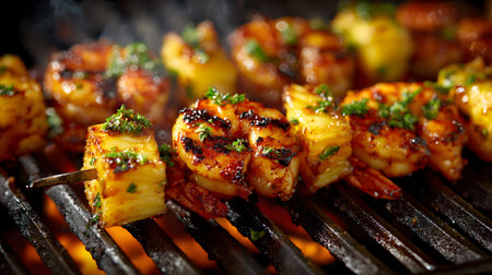 Grilled shrimp and pineapple skewers sizzle on a barbecue grill with flames and fresh herbsの素材