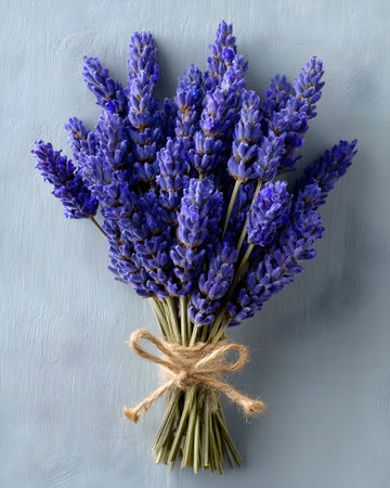 Beautiful lavender bouquet tied with twine showcases aromatic purple flowers on backgroundの素材
