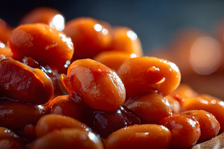 Delicious baked beans close up featuring a vibrant orange color and a glossy texture food shotの素材