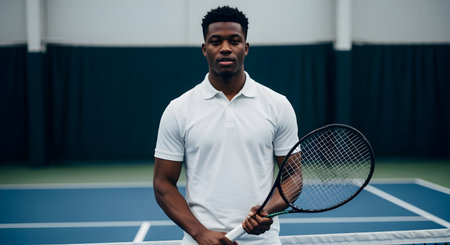 Young man holding tennis racket in indoor court ready for a tennis match or practiceの素材