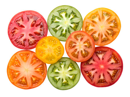 Overhead shot displays colorful sliced tomatoes showcasing fresh produce varieties foodの素材