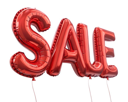 Shiny red sale balloons floating against a transparent background create a festive sale signの素材