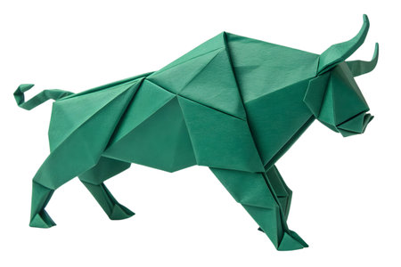 Green origami bull sculpture crafted from paper showing geometric folding techniques artの素材