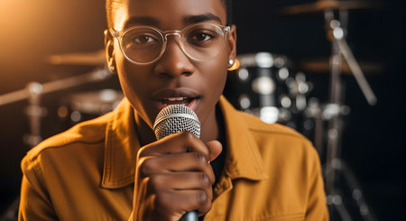 Singer performs with microphone in studio with drums and stage lighting for entertainmentの素材