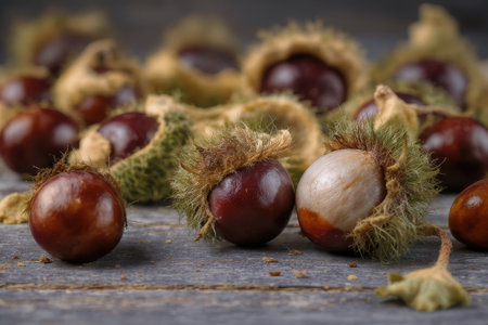 Horse chestnuts displayed with spiky green shells on rustic wooden surface in close up viewの素材