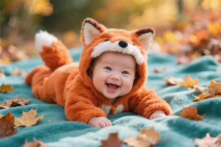 Infant lying down smiling wearing fox costume outdoors on blanket surrounded by leavesの素材