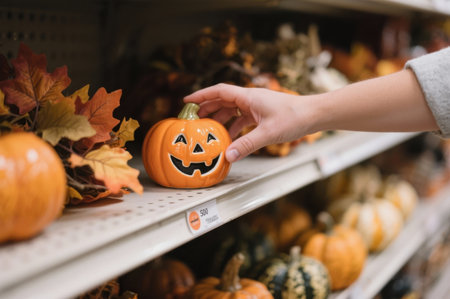 Hand reaching for decorative pumpkin on store shelf during autumn seasonal shoppingの素材