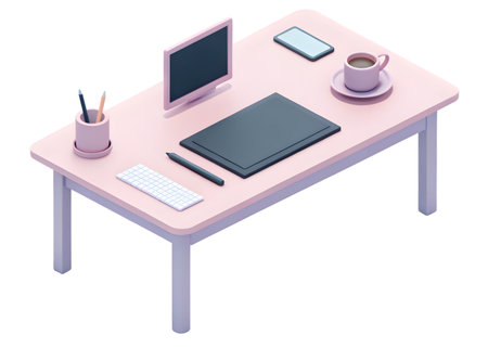Modern workspace featuring sleek tablet, monitor, keyboard, and coffee for creative professionalsの素材