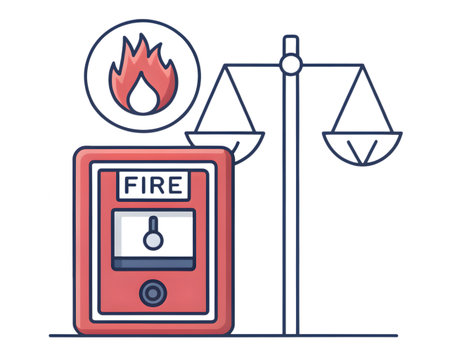 Ensure safety with fire alarm and regulation compliance with justice scales icon designの素材