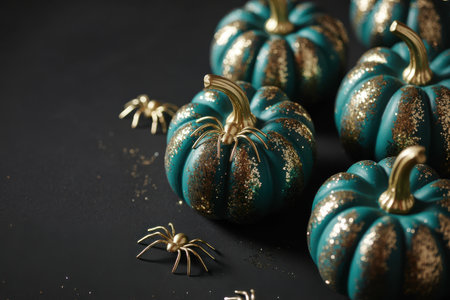 Teal pumpkins adorned with gold glitter alongside golden spiders on a dark surface indoorsの素材