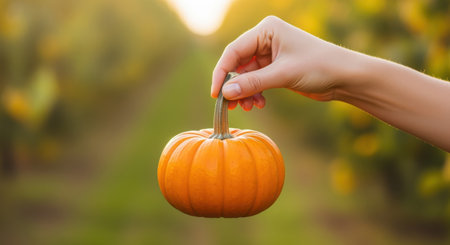 Person holds small orange pumpkin by its stem against a blurred green and yellow backgroundの素材