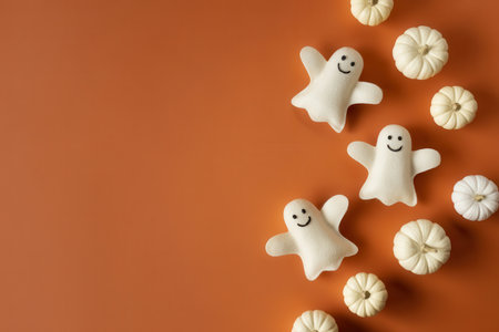 Smiling ghost figures and small white pumpkins arranged on an orange surface for halloween decorの素材