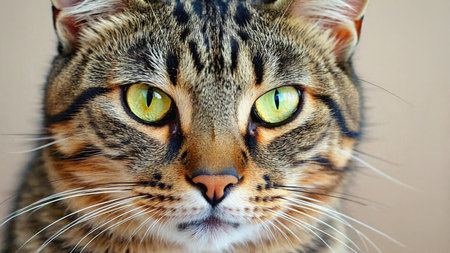 Tabby cat staring directly forward with intense green eyes against a neutral backgroundの素材