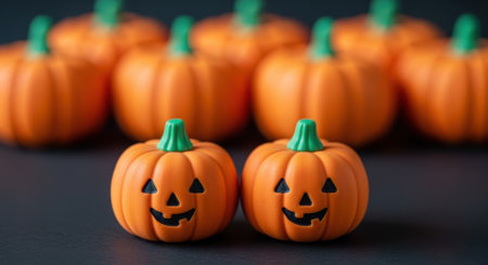 Orange pumpkins with carved faces sitting together on a dark surface for halloween themeの素材
