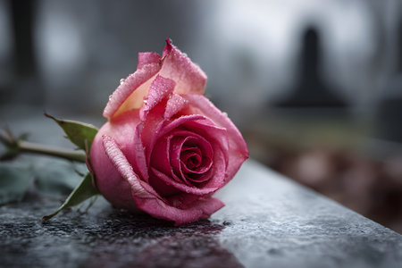 Pink rose resting gently on a dark stone surface with water droplets in a somber settingの素材
