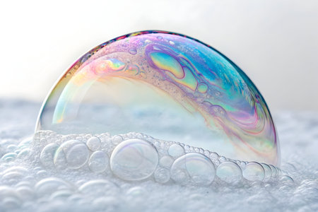 Iridescent soap bubble resting delicately on a frothy bed of smaller bubbles close up viewの素材