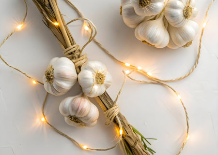 Garlic bulbs tied together with twine and illuminated string lights on a white surfaceの素材