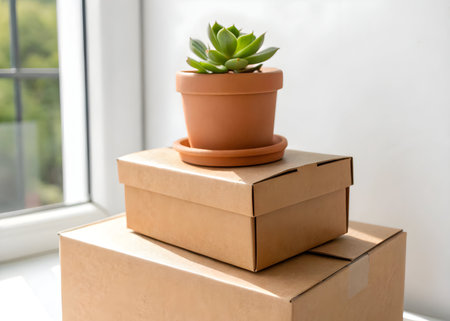Succulent plant sitting in a terracotta pot on top of stacked cardboard boxes by a windowの素材